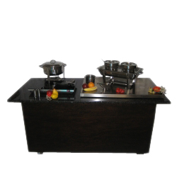 Showtheke "T 20" (mit eingebaut: Bierzapfanlage, Wasserzapfanlage, Currywurst - Behälter & Zubehör, Kühlschrank, LED - Display) mit Paletten - Stehtisch 1,40 x 0,80 x 2,40 m