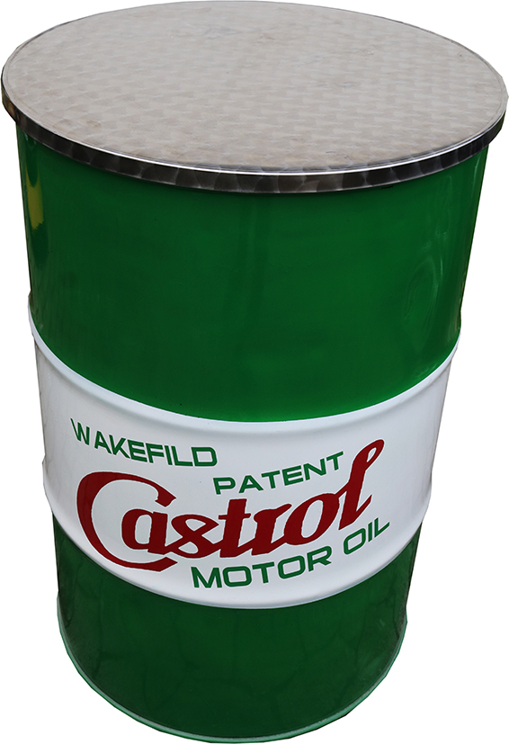 Stehtisch-, Blechfass "Castrol"  mit Alutischplatte, 91cm höhe